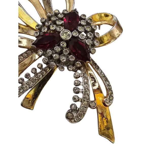 Antique 40s Gold Plated Cast Rhinestone Bow Brooch (A8900) - Picture 5 of 7